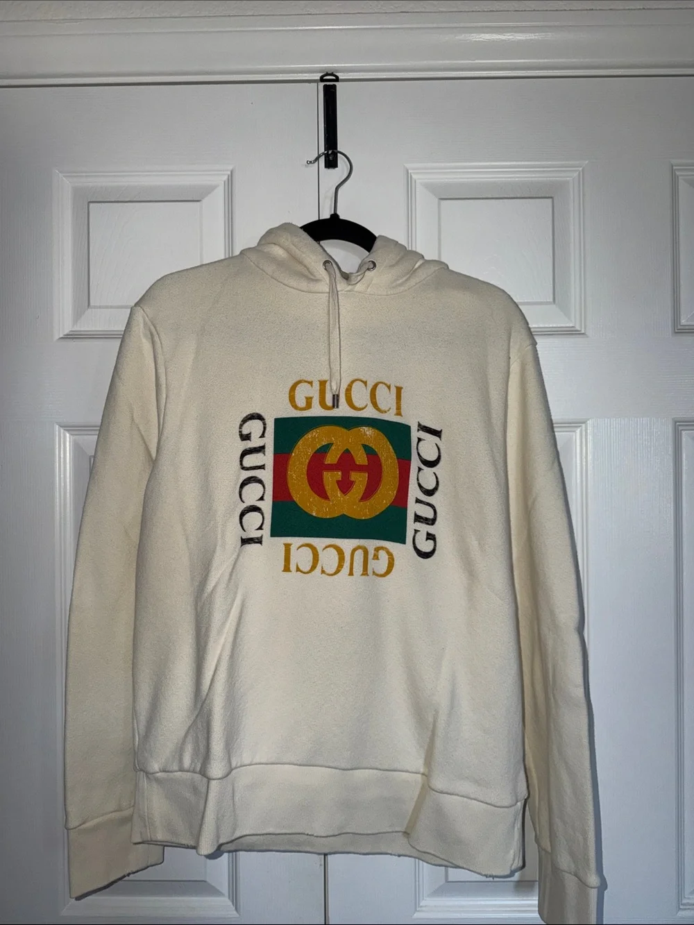 Gucci Cream Hoodie with Green & Red Logo and Gold Script